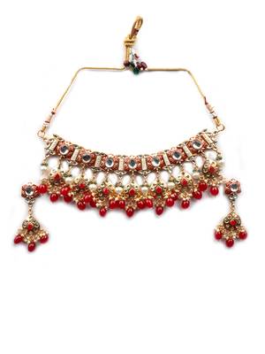 Gold plated red meenakari kundan necklace set 3