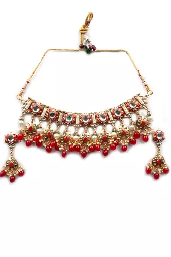 Gold plated red meenakari kundan necklace set