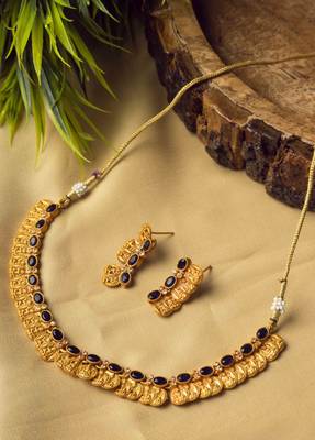 Gold plated blue kemp laxmi coin necklace set 1