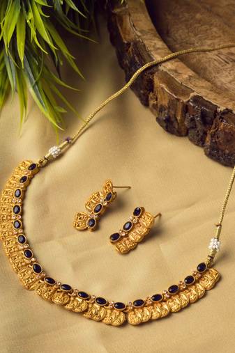 Gold plated blue kemp laxmi coin necklace set