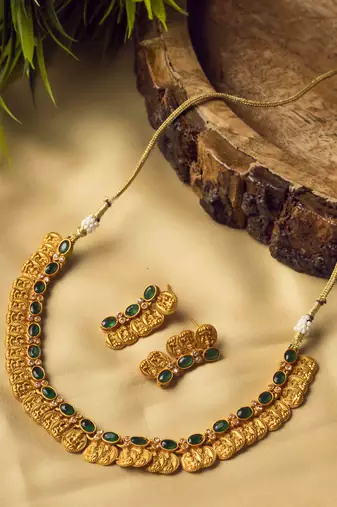 Gold plated red kemp laxmi coin necklace set