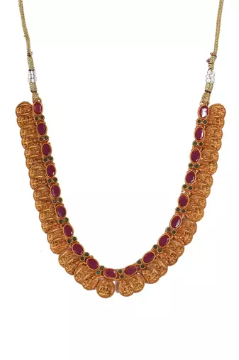 Gold plated green kemp laxmi coin necklace set