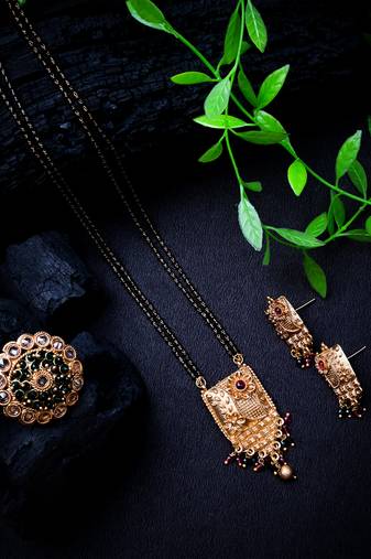Gold plated square rajwadi mangalsutra and ring combo set