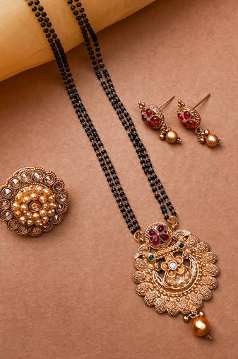Gold plated red kemp rajwadi mangalsutra and ring combo set