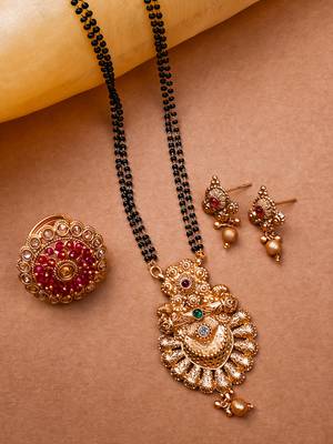 Gold plated rajwadi mangalsutra and red hydra adjustable ring combo set 1