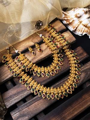 Gold plated ruby green mango patti double line necklace set 1