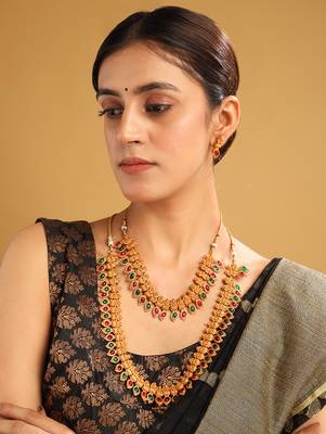 Gold plated ruby green mango patti double line necklace set 2