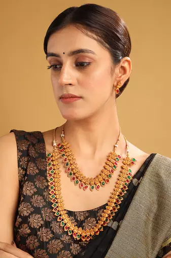 Gold plated ruby green mango patti double line necklace set