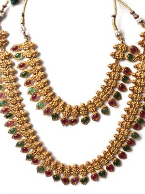 Gold plated ruby green mango patti double line necklace set 3