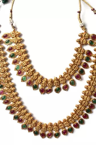 Gold plated ruby green mango patti double line necklace set