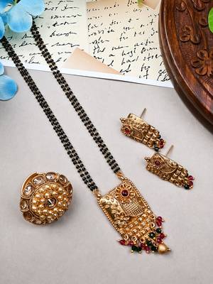 Gold plated ruby green square rajwadi mangalsutra and ring combo set 1