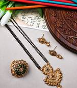 Designer gold plated rajwadi mangalsutra and green adjustable ring combo set