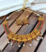 Traditional gold matte ruby green kemp laxmi necklace set with droplet beads
