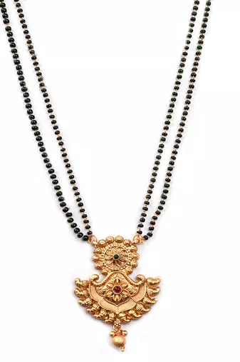Designer gold plated rajwadi mangalsutra and green adjustable ring combo set