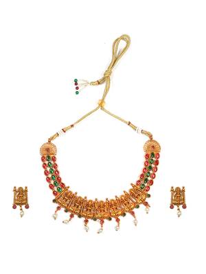 Traditional gold matte ruby green kemp laxmi necklace set with droplet beads 2