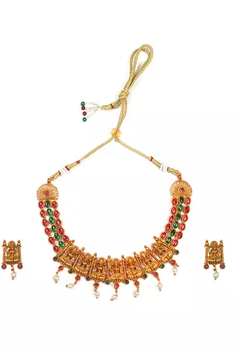 Traditional gold matte ruby green kemp laxmi necklace set with droplet beads