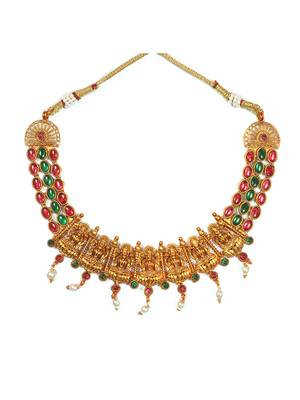 Traditional gold matte ruby green kemp laxmi necklace set with droplet beads 3