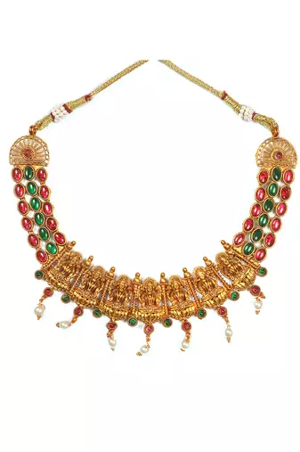 Traditional gold matte ruby green kemp laxmi necklace set with droplet beads