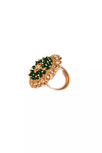 Designer gold plated rajwadi mangalsutra and green adjustable ring combo set