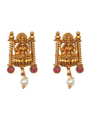 Traditional gold matte ruby green kemp laxmi necklace set with droplet beads 4