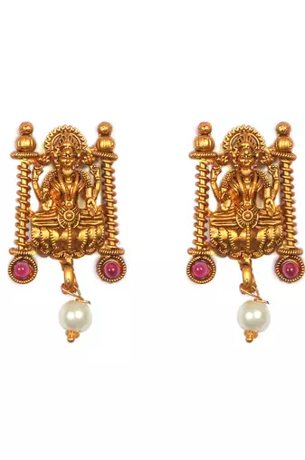 Traditional gold matte ruby green kemp laxmi necklace set with droplet beads