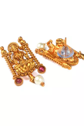Traditional gold matte ruby green kemp laxmi necklace set with droplet beads