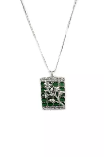 Silver plated square green ad pendant set with earrings