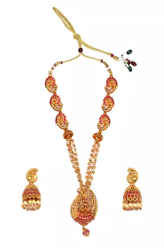 Gold matte finish multilayered green laxmi pendant syle set