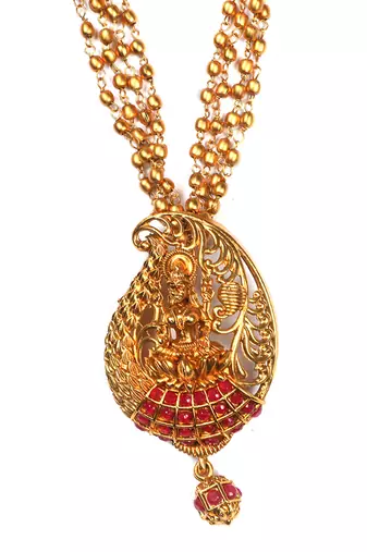 Gold matte finish multilayered green laxmi pendant syle set