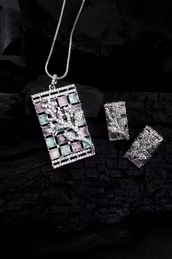 Silver plated square multicolor ad pendant set with earrings