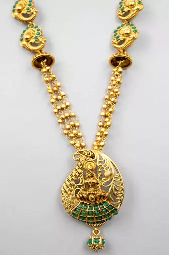 Gold matte finish multilayered ruby green laxmi pendant syle set