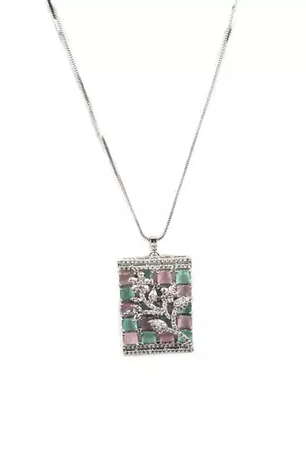 Silver plated square multicolor ad pendant set with earrings