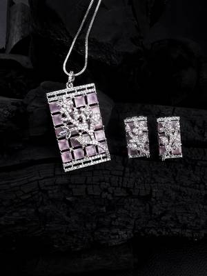 Silver plated square pink ad pendant set with earrings 1