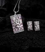 Silver plated square pink ad pendant set with earrings