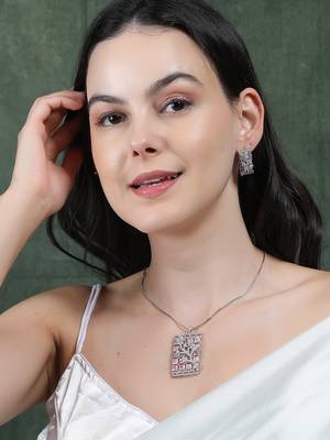 Silver plated square pink ad pendant set with earrings 2