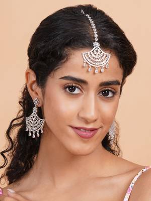Silver-plated regal glimmer cz earrings-maangtikka set for perfect party look 2
