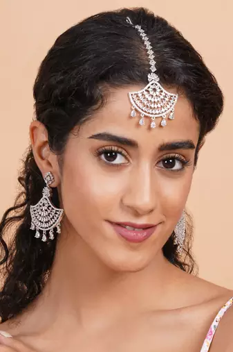Silver-plated regal glimmer cz earrings-maangtikka set for perfect party look