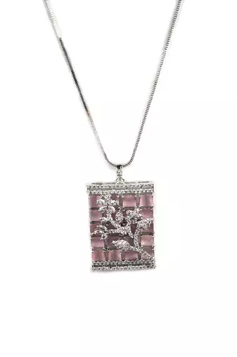 Silver plated square pink ad pendant set with earrings