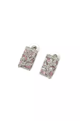 Silver plated square pink ad pendant set with earrings