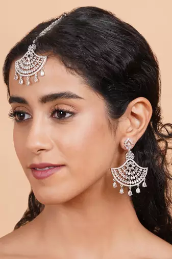 Silver-plated regal glimmer cz earrings-maangtikka set for perfect party look