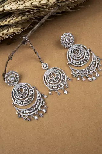 Premium designer silver-plated cz earrings-maangtikka set