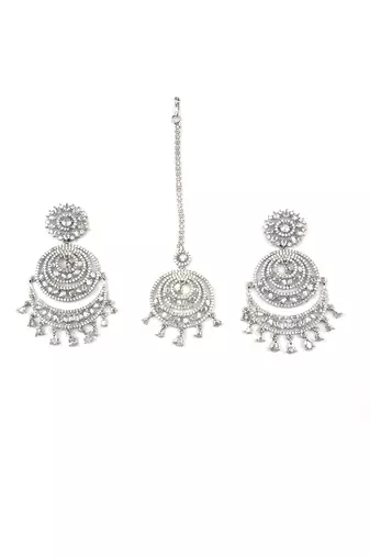 Premium designer silver-plated cz earrings-maangtikka set