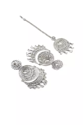 Premium designer silver-plated cz earrings-maangtikka set