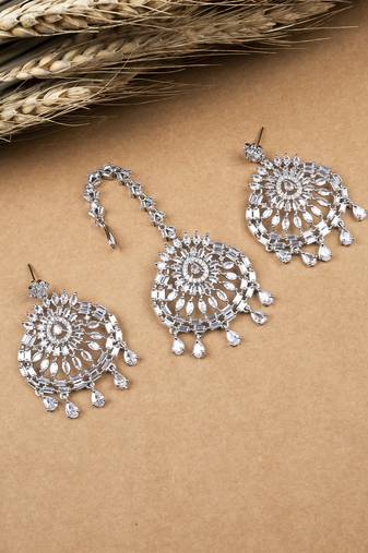 Aurora luxe silver-plated cz-ad earrings-maangtikka set for weddings