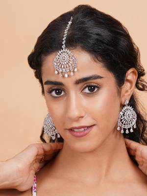 Aurora luxe silver-plated cz-ad earrings-maangtikka set for weddings 2