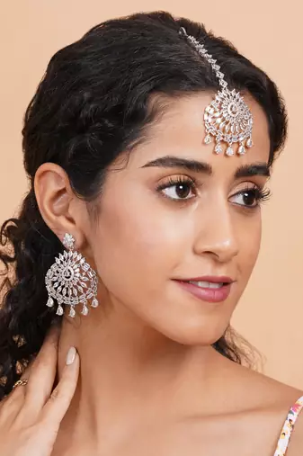 Aurora luxe silver-plated cz-ad earrings-maangtikka set for weddings