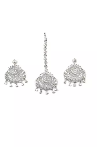 Aurora luxe silver-plated cz-ad earrings-maangtikka set for weddings