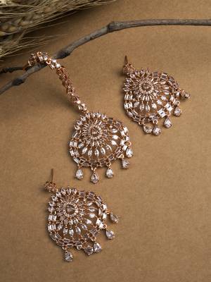 Aurora luxe rose gold-plated cz-ad earrings-maangtikka set for weddings 1