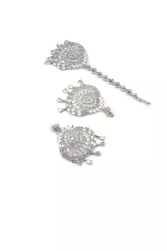 Aurora luxe silver-plated cz-ad earrings-maangtikka set for weddings