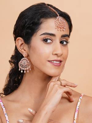 Aurora luxe rose gold-plated cz-ad earrings-maangtikka set for weddings 2
